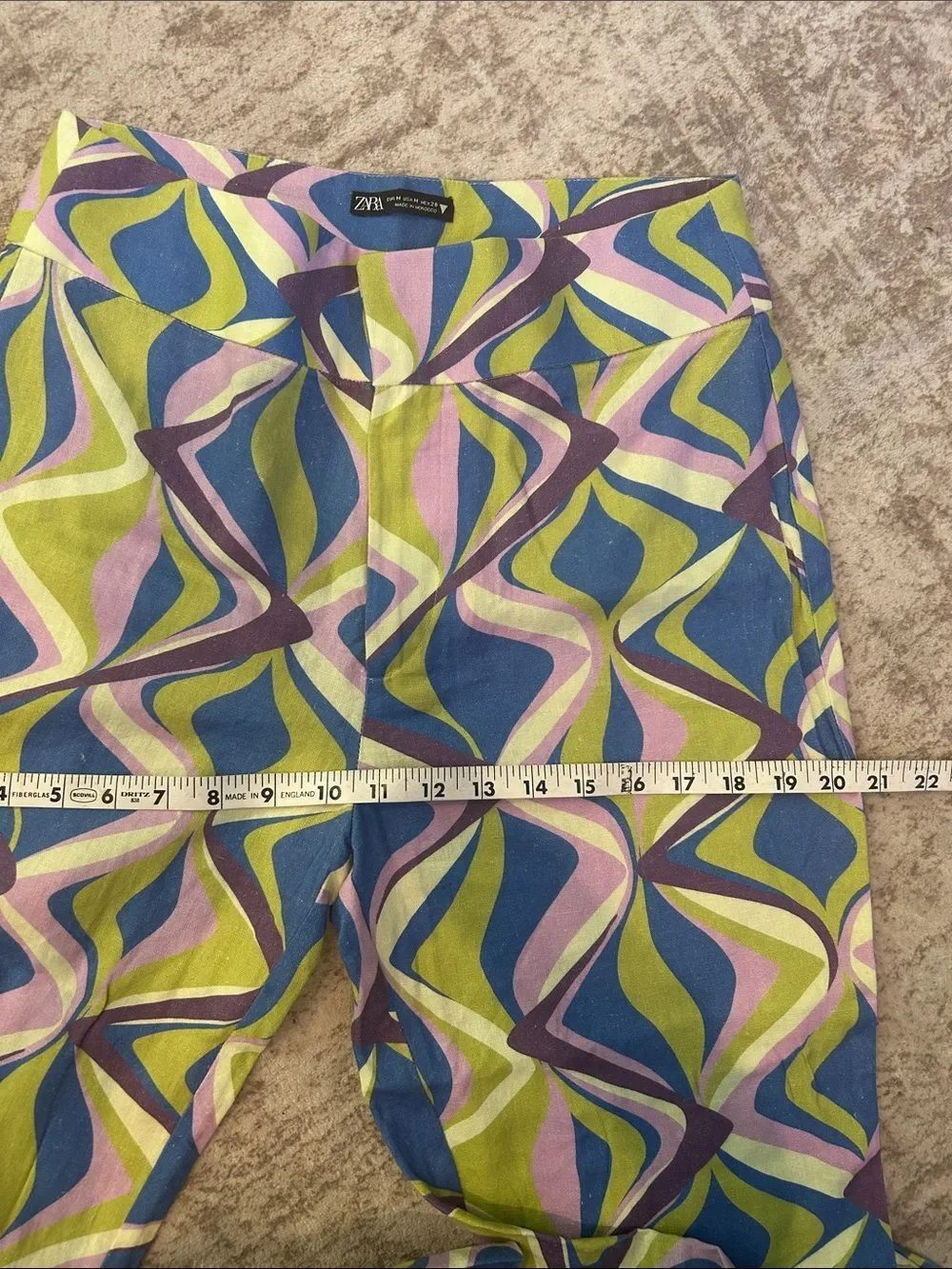 Zara Linen Blend Flared High Rise Pants Multicolor Geometric Print Sz Med